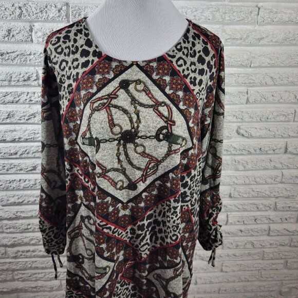 Est 1946 Women Top 18W 20W Plus Tunic Ruched Sleeve Gray Animal Print ANI2XE - Picture 3 of 9